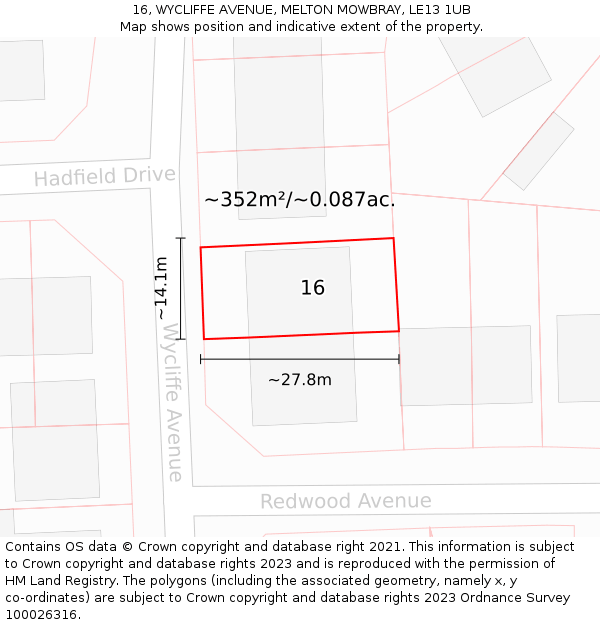 16, WYCLIFFE AVENUE, MELTON MOWBRAY, LE13 1UB: Plot and title map