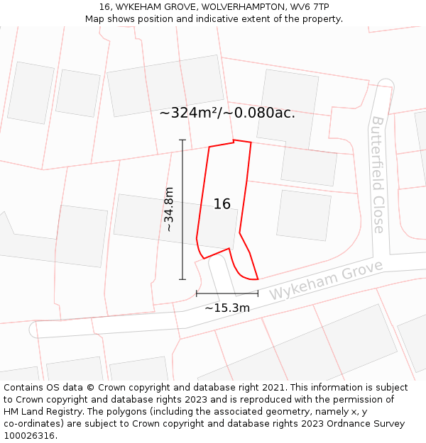 16, WYKEHAM GROVE, WOLVERHAMPTON, WV6 7TP: Plot and title map