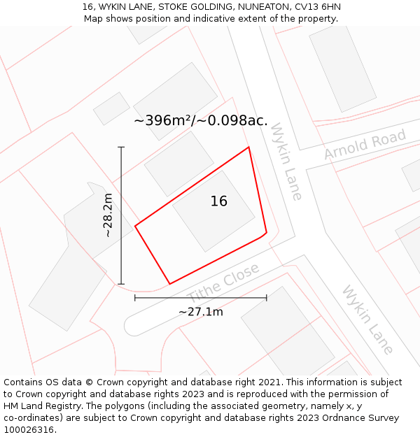 16, WYKIN LANE, STOKE GOLDING, NUNEATON, CV13 6HN: Plot and title map