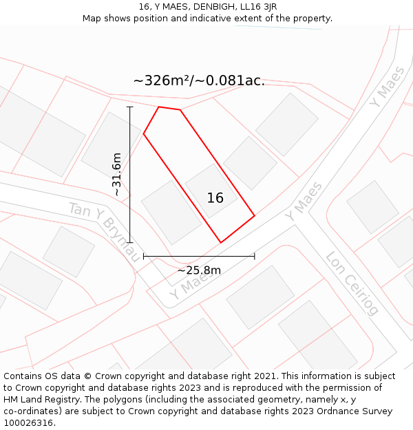 16, Y MAES, DENBIGH, LL16 3JR: Plot and title map