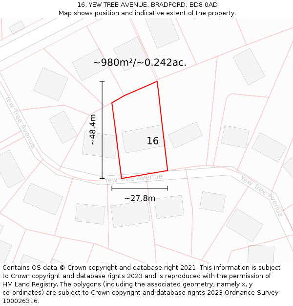 16, YEW TREE AVENUE, BRADFORD, BD8 0AD: Plot and title map