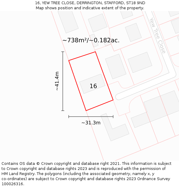 16, YEW TREE CLOSE, DERRINGTON, STAFFORD, ST18 9ND: Plot and title map