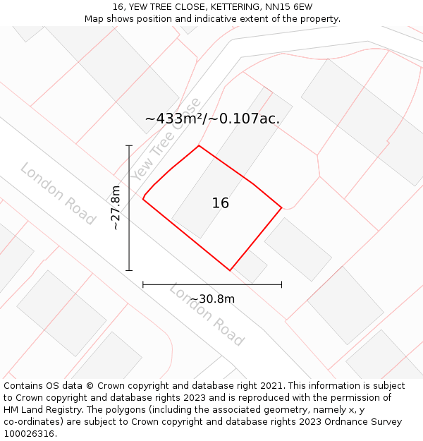 16, YEW TREE CLOSE, KETTERING, NN15 6EW: Plot and title map