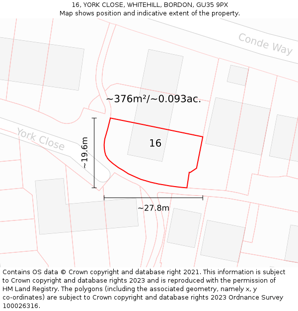 16, YORK CLOSE, WHITEHILL, BORDON, GU35 9PX: Plot and title map