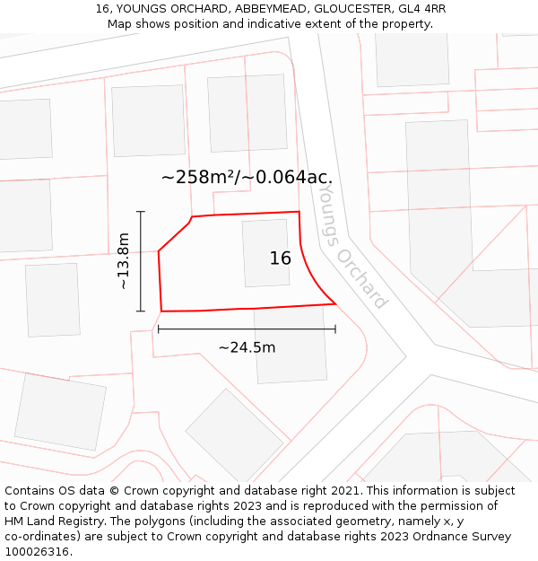 16, YOUNGS ORCHARD, ABBEYMEAD, GLOUCESTER, GL4 4RR: Plot and title map