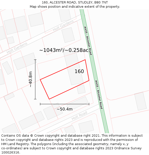 160, ALCESTER ROAD, STUDLEY, B80 7NT: Plot and title map