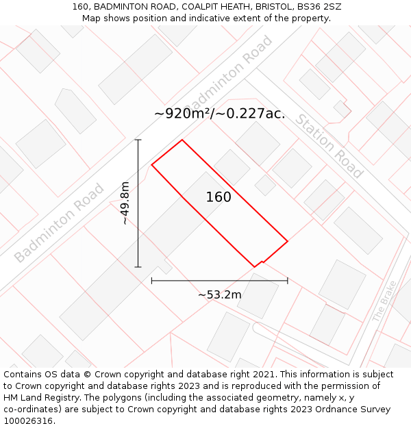 160, BADMINTON ROAD, COALPIT HEATH, BRISTOL, BS36 2SZ: Plot and title map