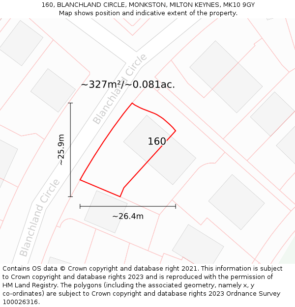 160, BLANCHLAND CIRCLE, MONKSTON, MILTON KEYNES, MK10 9GY: Plot and title map