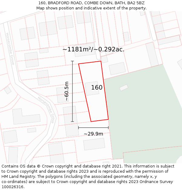 160, BRADFORD ROAD, COMBE DOWN, BATH, BA2 5BZ: Plot and title map