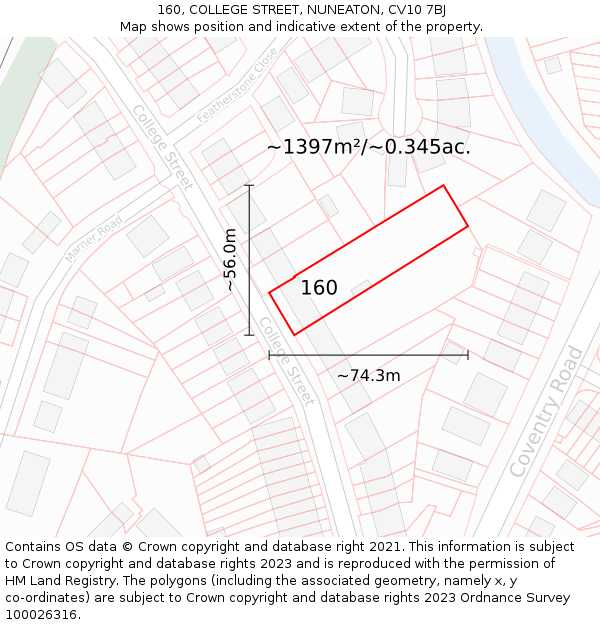 160, COLLEGE STREET, NUNEATON, CV10 7BJ: Plot and title map