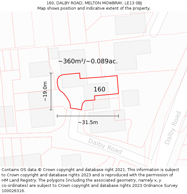 160, DALBY ROAD, MELTON MOWBRAY, LE13 0BJ: Plot and title map