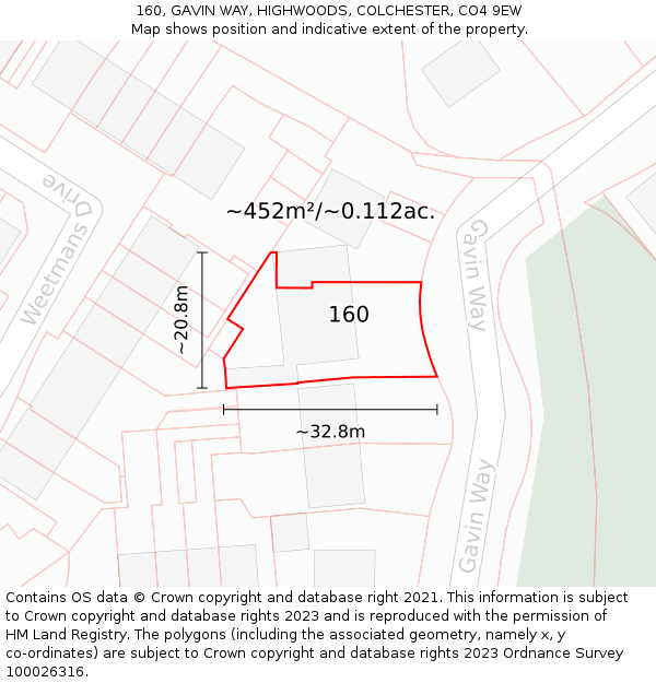 160, GAVIN WAY, HIGHWOODS, COLCHESTER, CO4 9EW: Plot and title map