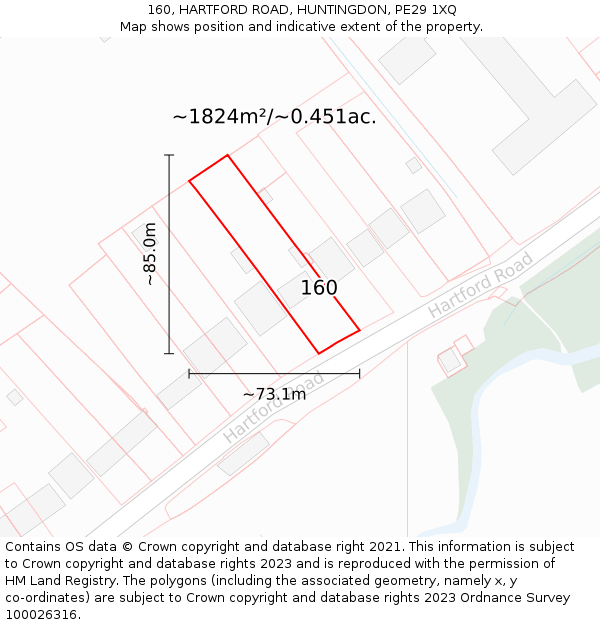 160, HARTFORD ROAD, HUNTINGDON, PE29 1XQ: Plot and title map