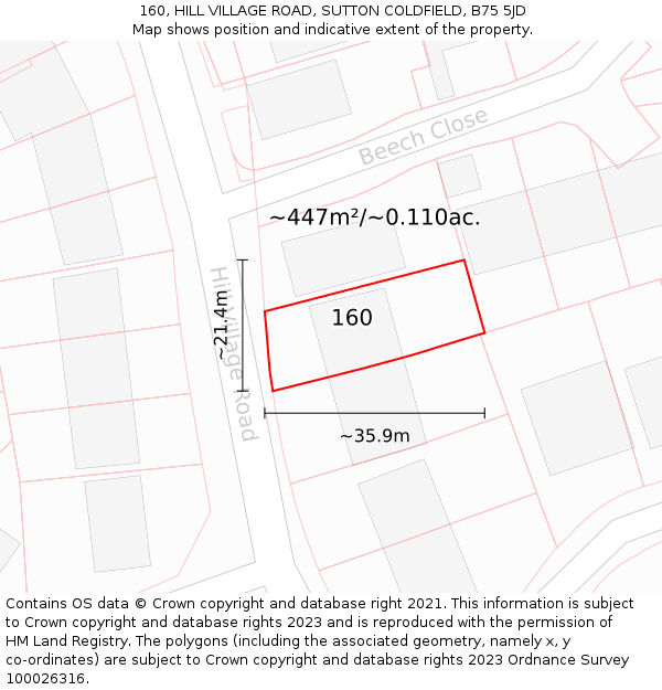 160, HILL VILLAGE ROAD, SUTTON COLDFIELD, B75 5JD: Plot and title map