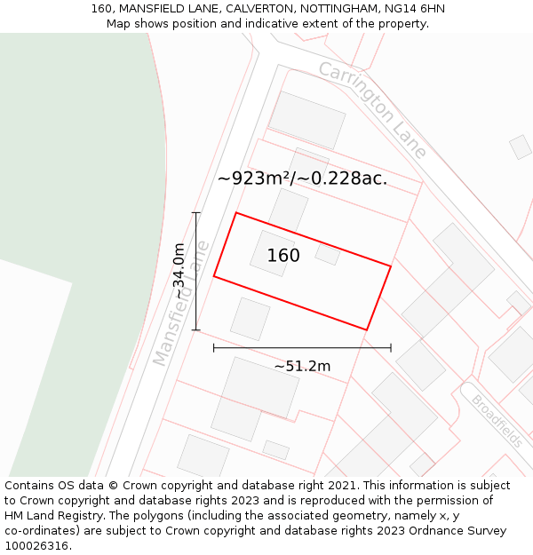160, MANSFIELD LANE, CALVERTON, NOTTINGHAM, NG14 6HN: Plot and title map