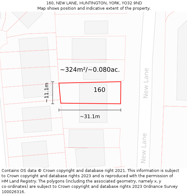 160, NEW LANE, HUNTINGTON, YORK, YO32 9ND: Plot and title map