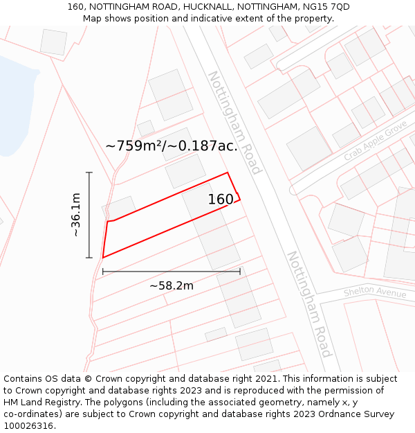 160, NOTTINGHAM ROAD, HUCKNALL, NOTTINGHAM, NG15 7QD: Plot and title map