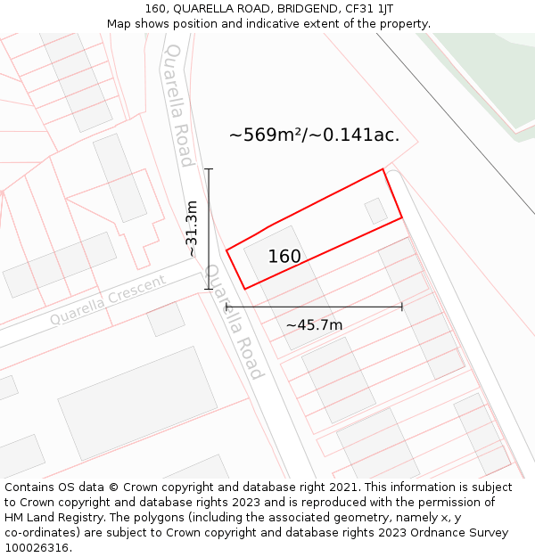 160, QUARELLA ROAD, BRIDGEND, CF31 1JT: Plot and title map