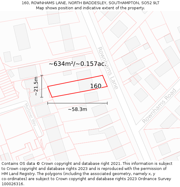160, ROWNHAMS LANE, NORTH BADDESLEY, SOUTHAMPTON, SO52 9LT: Plot and title map