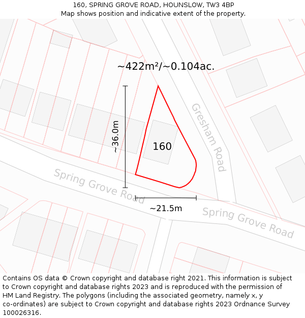 160, SPRING GROVE ROAD, HOUNSLOW, TW3 4BP: Plot and title map