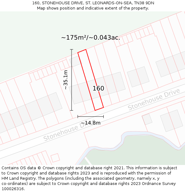 160, STONEHOUSE DRIVE, ST. LEONARDS-ON-SEA, TN38 9DN: Plot and title map