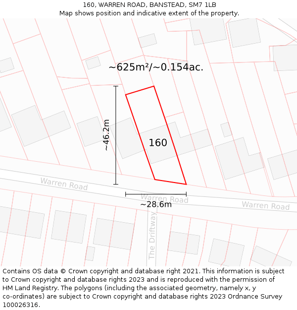 160, WARREN ROAD, BANSTEAD, SM7 1LB: Plot and title map