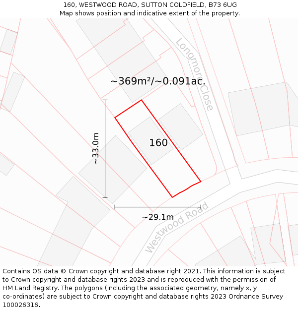 160, WESTWOOD ROAD, SUTTON COLDFIELD, B73 6UG: Plot and title map