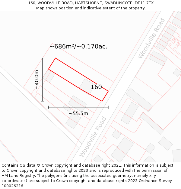 160, WOODVILLE ROAD, HARTSHORNE, SWADLINCOTE, DE11 7EX: Plot and title map