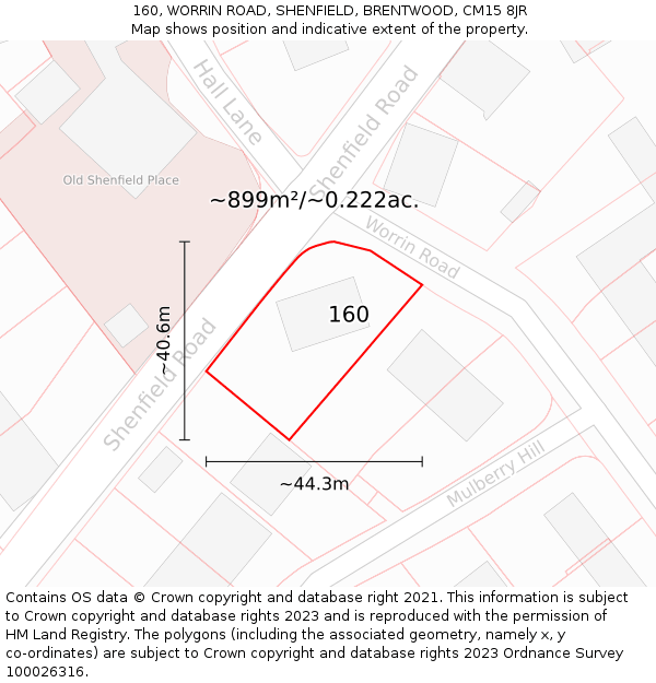 160, WORRIN ROAD, SHENFIELD, BRENTWOOD, CM15 8JR: Plot and title map