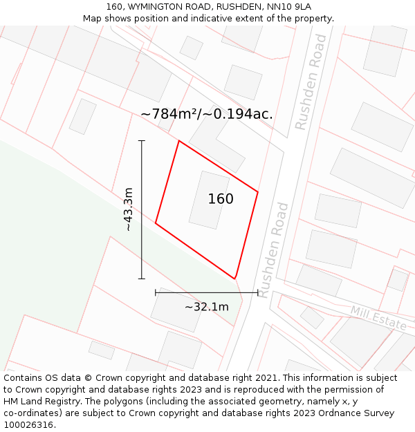 160, WYMINGTON ROAD, RUSHDEN, NN10 9LA: Plot and title map