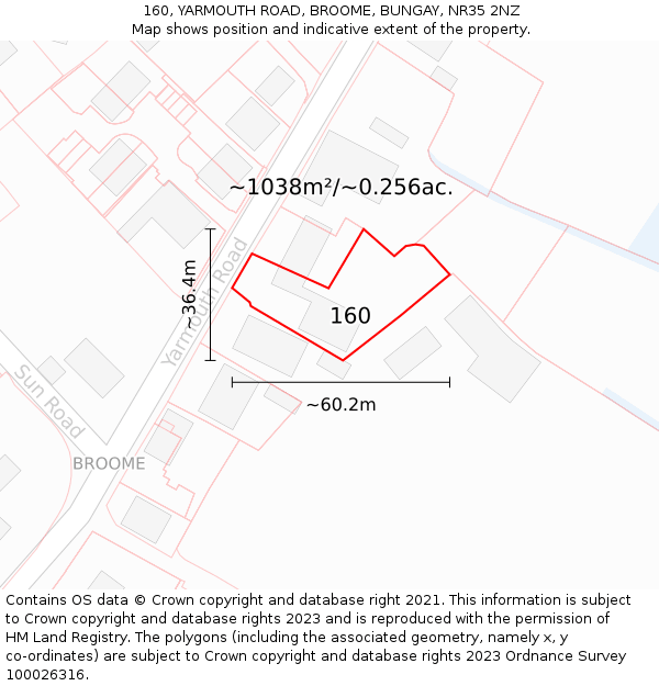 160, YARMOUTH ROAD, BROOME, BUNGAY, NR35 2NZ: Plot and title map