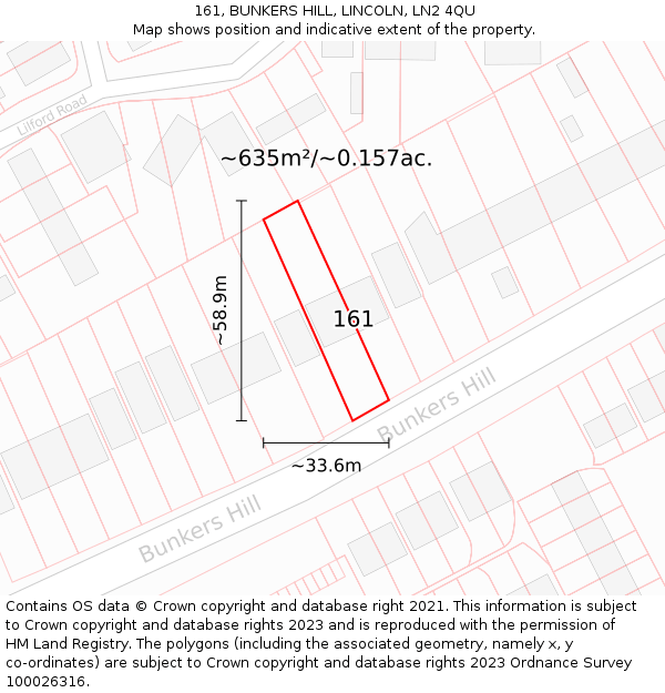 161, BUNKERS HILL, LINCOLN, LN2 4QU: Plot and title map