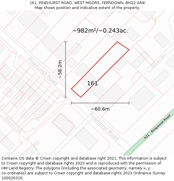 161, PINEHURST ROAD, WEST MOORS, FERNDOWN, BH22 0AW: Plot and title map