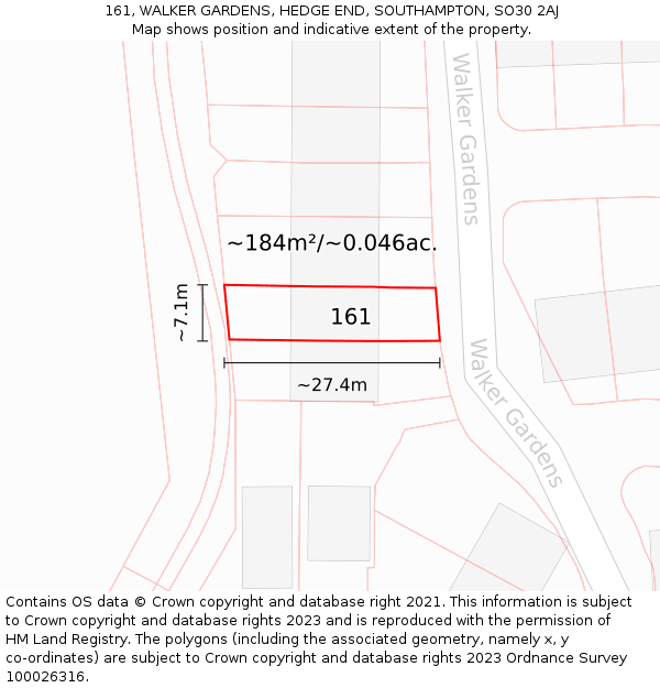 161, WALKER GARDENS, HEDGE END, SOUTHAMPTON, SO30 2AJ: Plot and title map