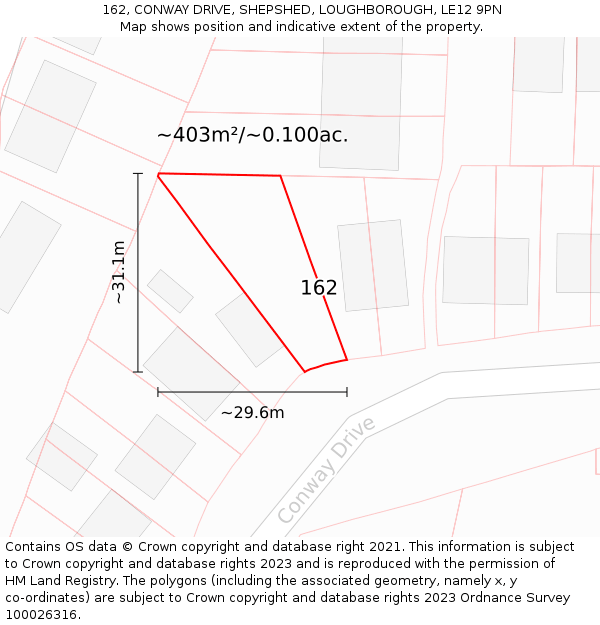 162, CONWAY DRIVE, SHEPSHED, LOUGHBOROUGH, LE12 9PN: Plot and title map