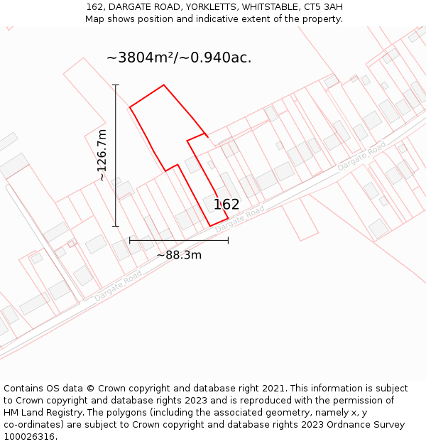 162, DARGATE ROAD, YORKLETTS, WHITSTABLE, CT5 3AH: Plot and title map