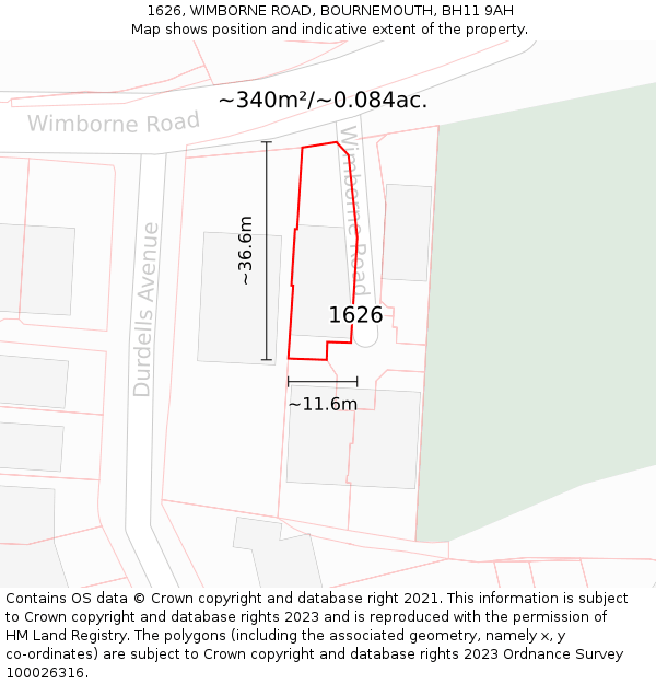 1626, WIMBORNE ROAD, BOURNEMOUTH, BH11 9AH: Plot and title map