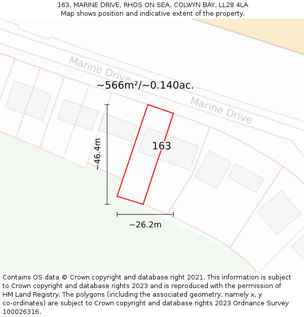 163, MARINE DRIVE, RHOS ON SEA, COLWYN BAY, LL28 4LA: Plot and title map