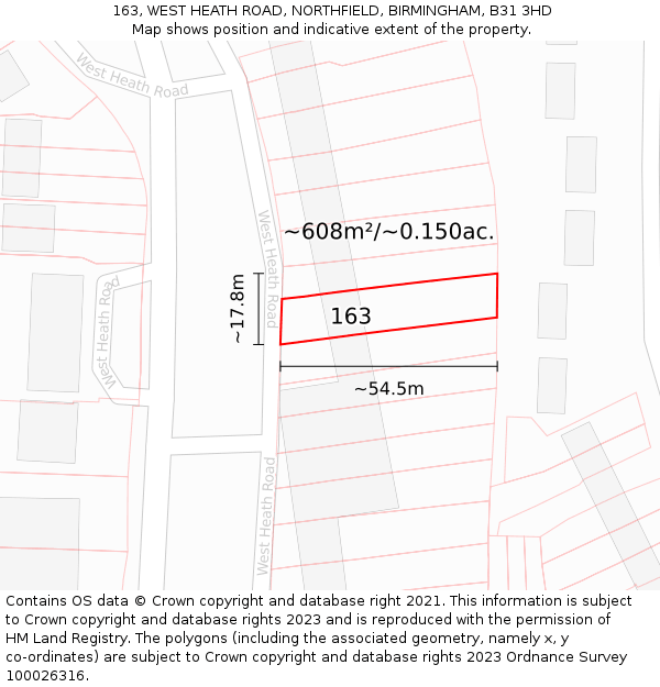 163, WEST HEATH ROAD, NORTHFIELD, BIRMINGHAM, B31 3HD: Plot and title map