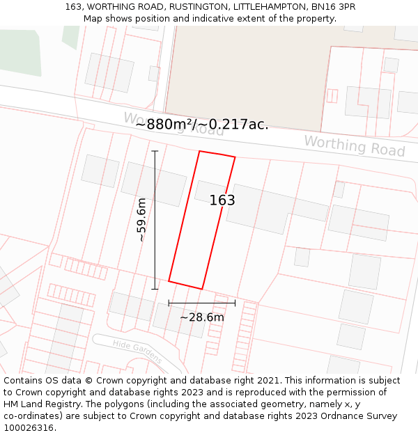 163, WORTHING ROAD, RUSTINGTON, LITTLEHAMPTON, BN16 3PR: Plot and title map