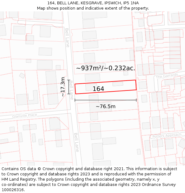 164, BELL LANE, KESGRAVE, IPSWICH, IP5 1NA: Plot and title map