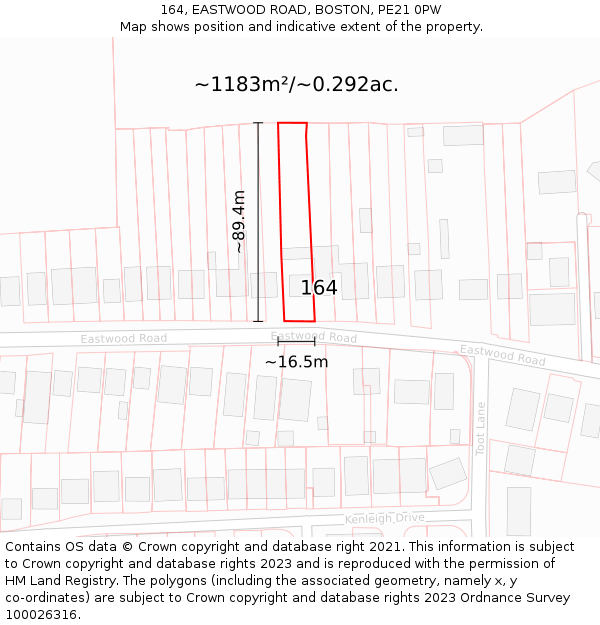 164, EASTWOOD ROAD, BOSTON, PE21 0PW: Plot and title map
