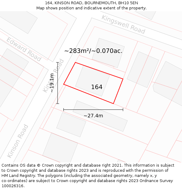 164, KINSON ROAD, BOURNEMOUTH, BH10 5EN: Plot and title map