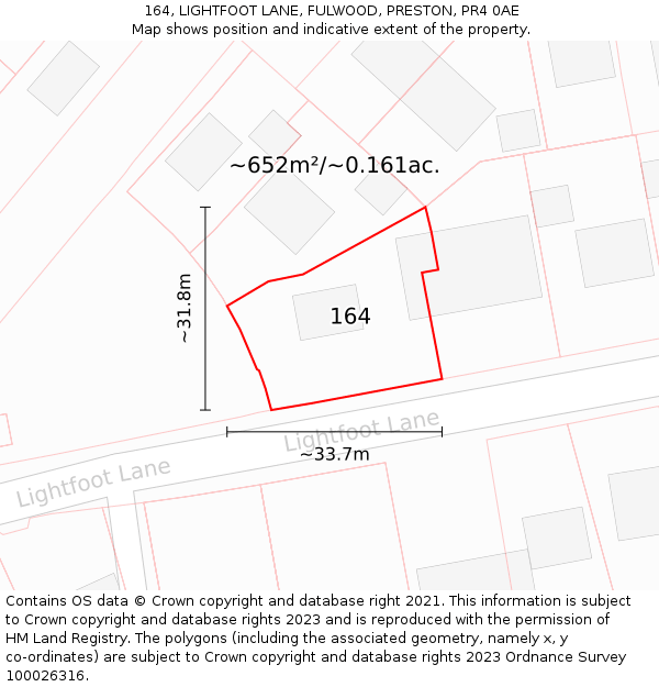164, LIGHTFOOT LANE, FULWOOD, PRESTON, PR4 0AE: Plot and title map
