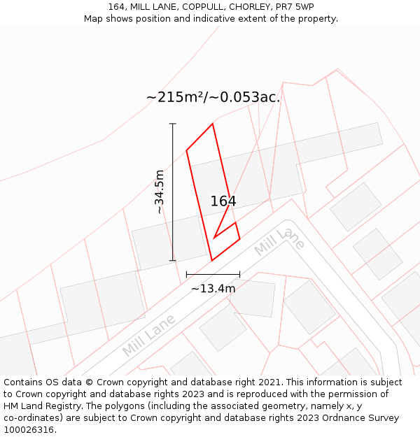 164, MILL LANE, COPPULL, CHORLEY, PR7 5WP: Plot and title map
