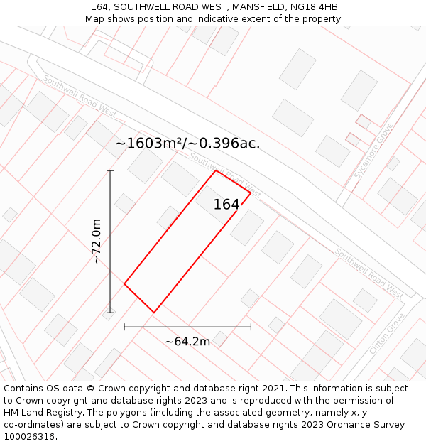 164, SOUTHWELL ROAD WEST, MANSFIELD, NG18 4HB: Plot and title map