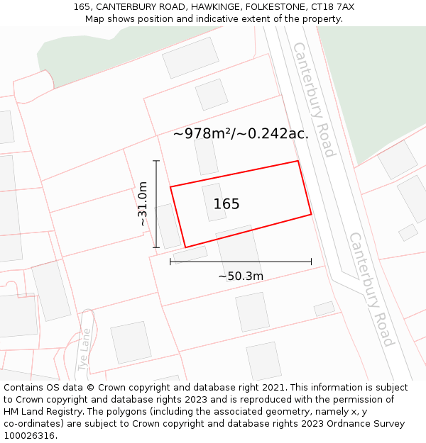 165, CANTERBURY ROAD, HAWKINGE, FOLKESTONE, CT18 7AX: Plot and title map