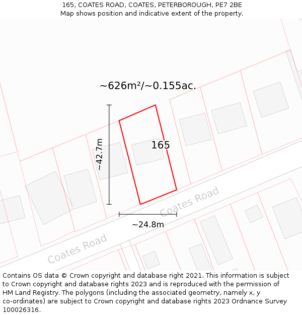 165, COATES ROAD, COATES, PETERBOROUGH, PE7 2BE: Plot and title map
