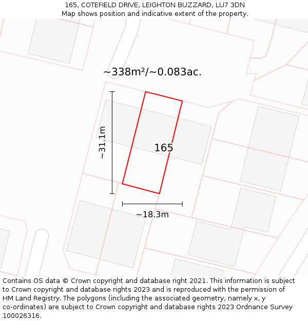 165, COTEFIELD DRIVE, LEIGHTON BUZZARD, LU7 3DN: Plot and title map
