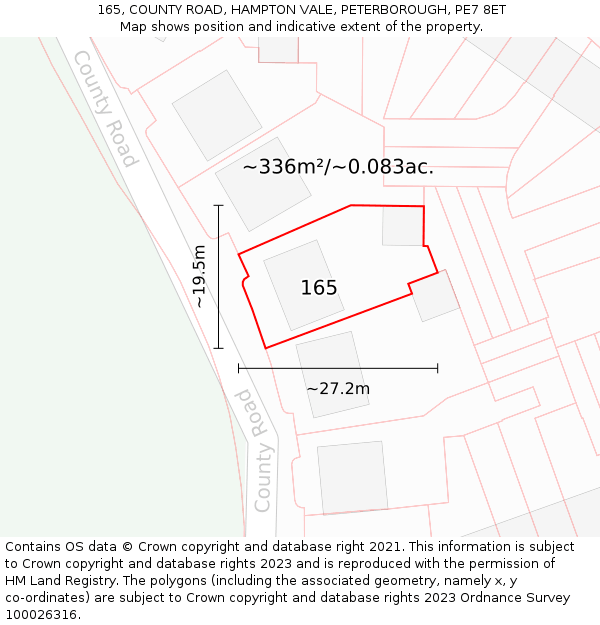 165, COUNTY ROAD, HAMPTON VALE, PETERBOROUGH, PE7 8ET: Plot and title map